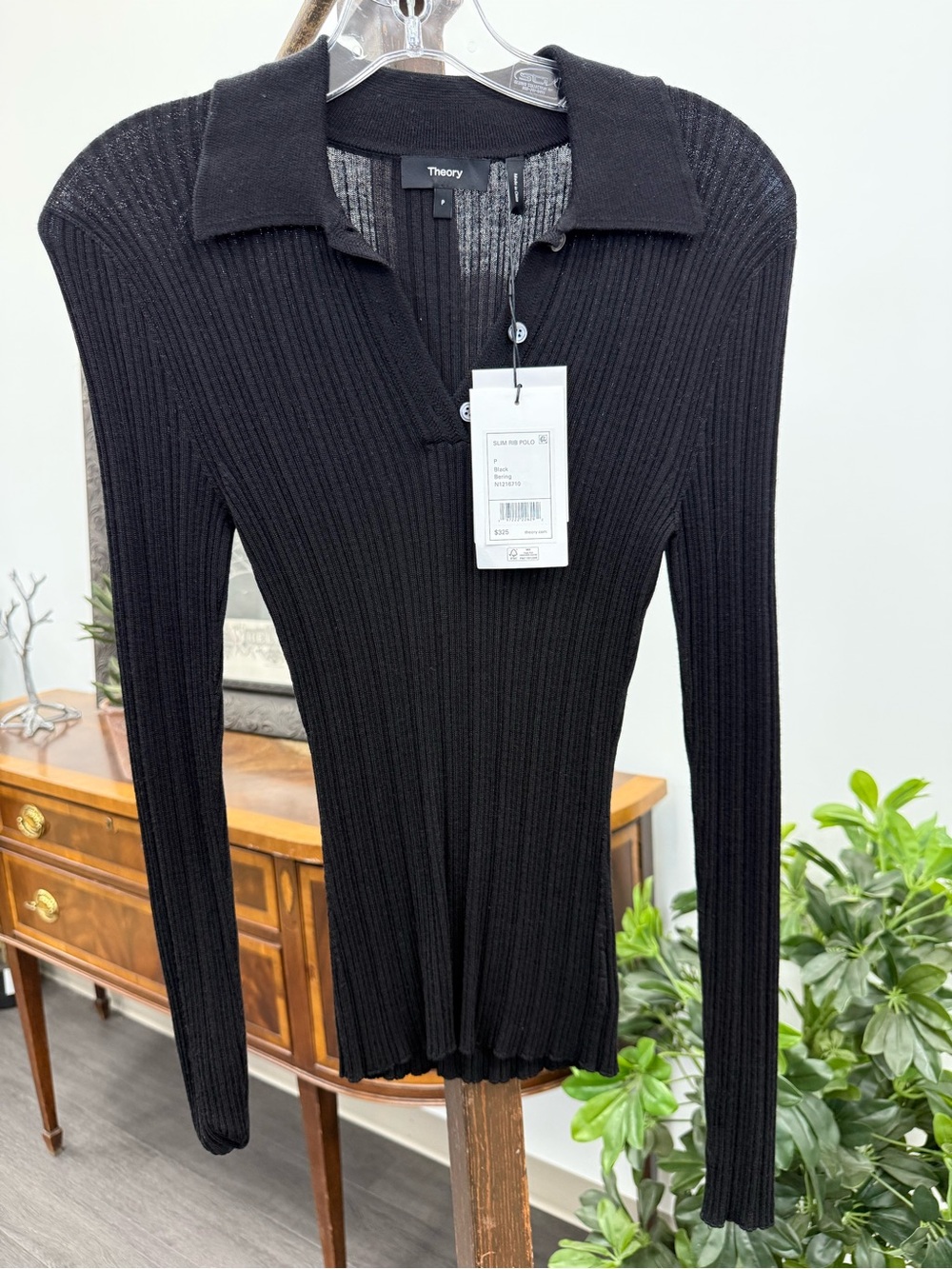 Theory Black Ribbed Polo Long-Sleeve Top